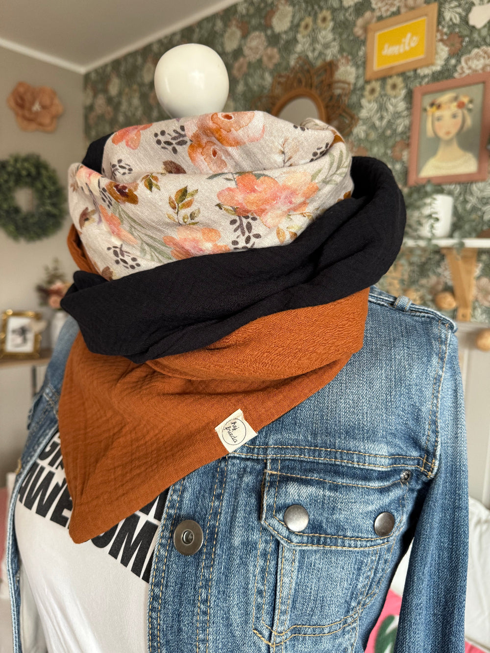 HANNA Musselintuch XL Colorblocking zimt/Aquarellblumen beige/schwarz