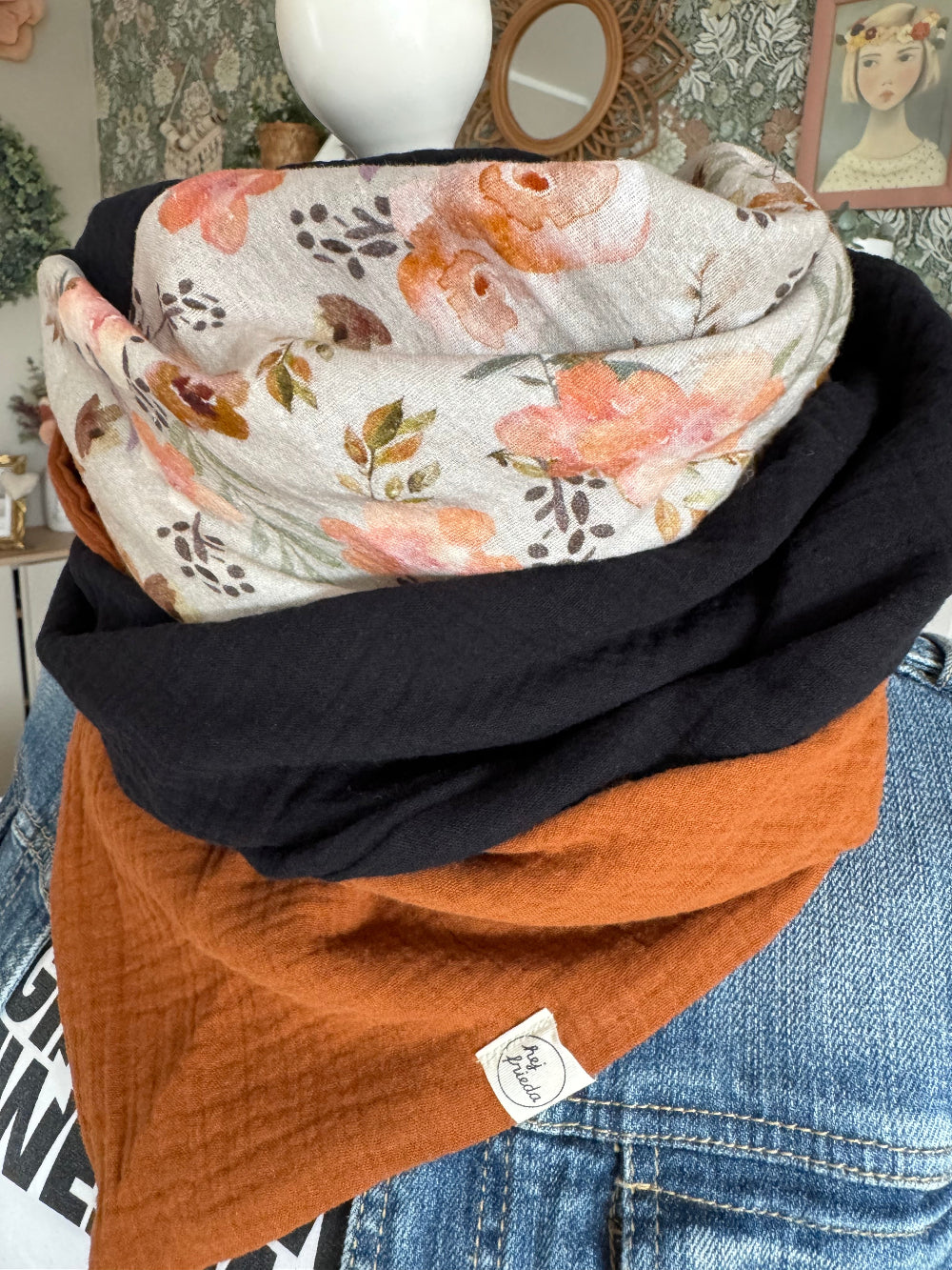 HANNA Musselintuch XL Colorblocking zimt/Aquarellblumen beige/schwarz